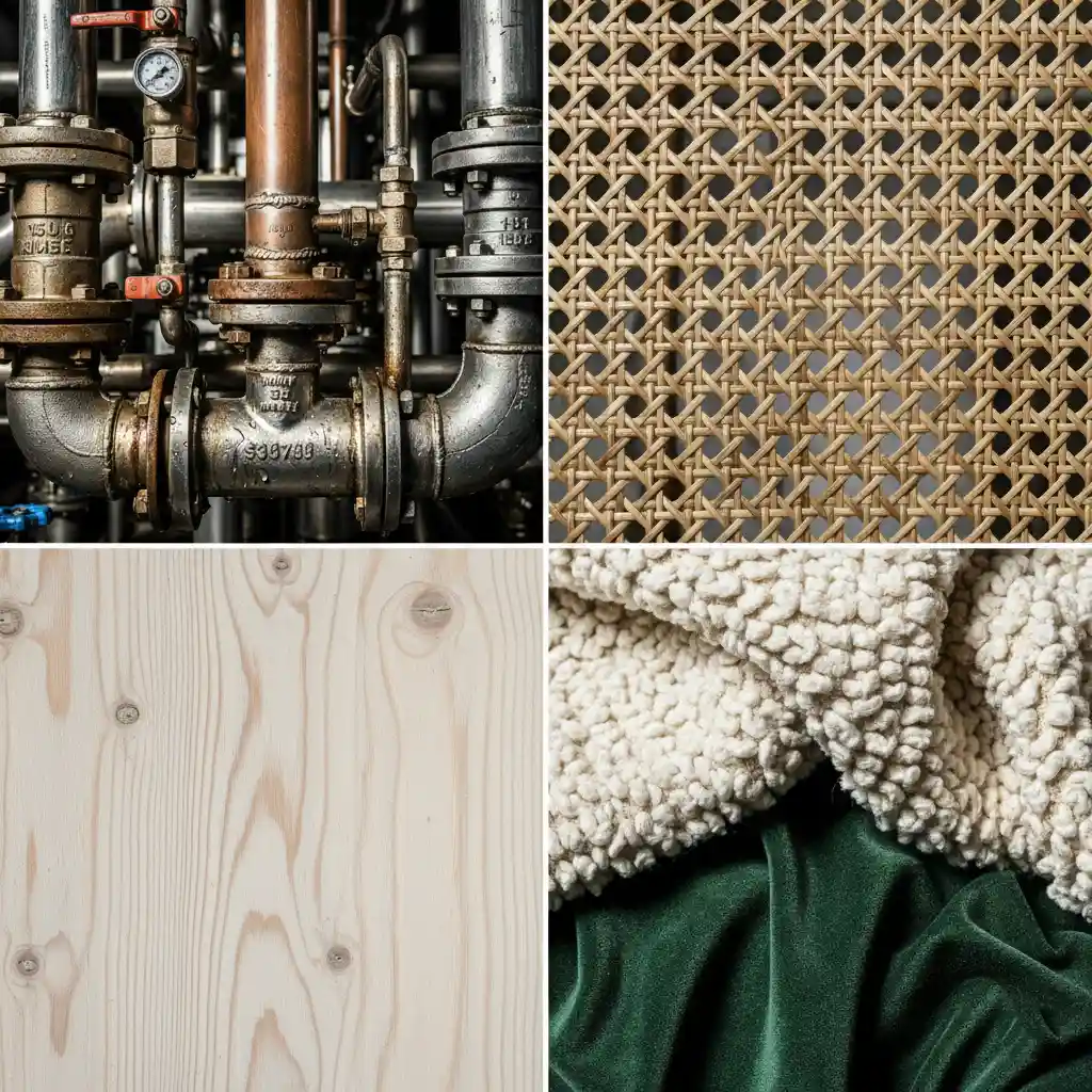 Contoh material khas untuk gaya desain interior cafe industrial, bohemian, dan skandinavia-jasa interior jakarta splusa.id Contoh material khas untuk gaya desain interior cafe industrial, bohemian, dan skandinavia-jasa interior jakarta splusa.id