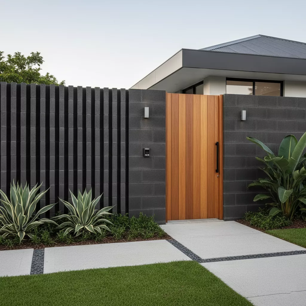 Contoh model pagar batako minimalis warna gelap yang memberikan kesan mewah dan premium pada fasad rumah modern-jasa interior splusa.id Contoh model pagar batako minimalis warna gelap yang memberikan kesan mewah dan premium pada fasad rumah modern-jasa interior splusa.id