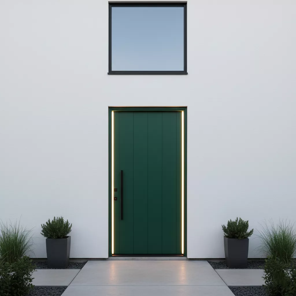 Contoh pintu lisplang minimalis warna hijau botol sebagai aksen fasad-jasa Interior minimalis ‪‪splusa.id