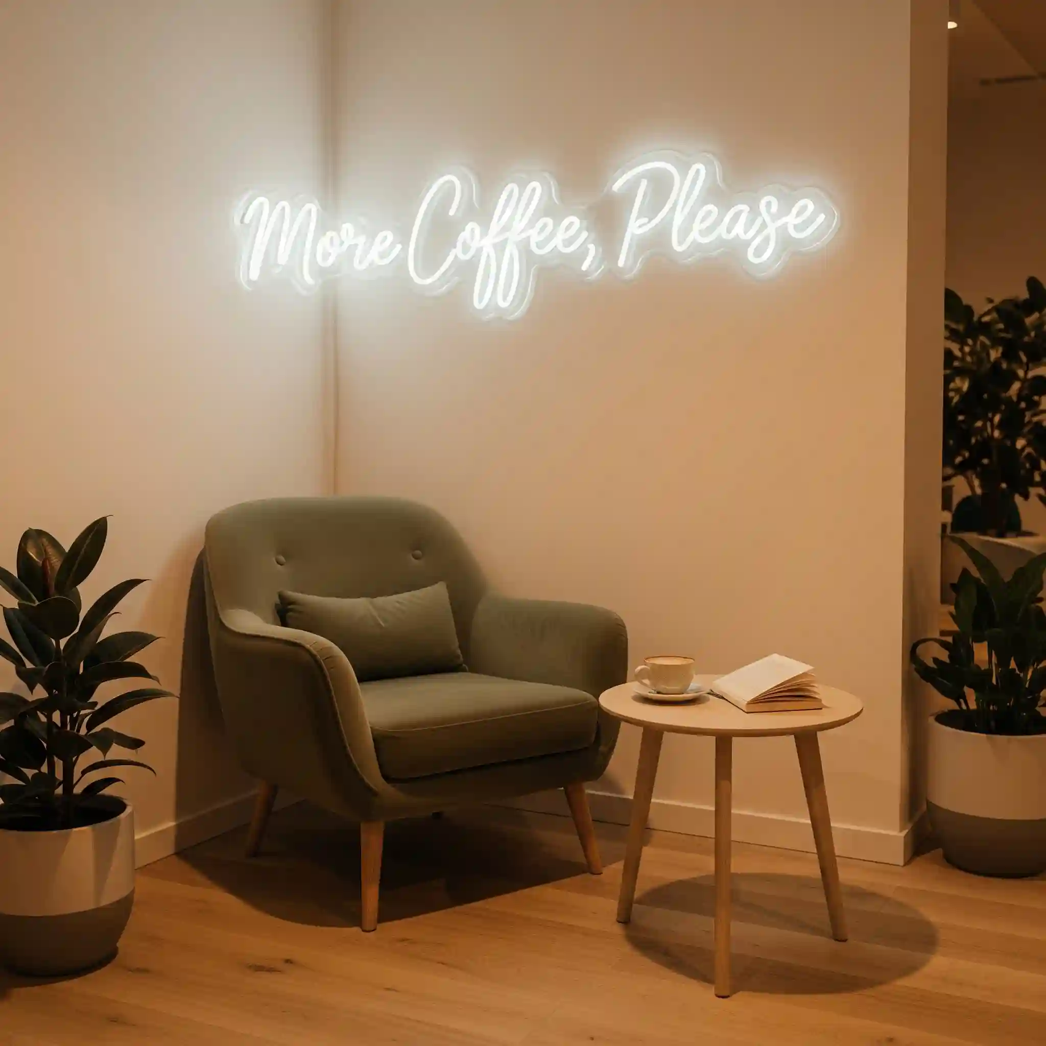 Contoh sudut Instagrammable di dalam cafe minimalis dengan kursi unik dan lampu neon-jasa interior splusa.id