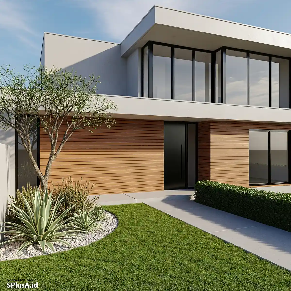 Desain 3D rumah minimalis type 36 modern dengan taman kecil di depan-jasa interior splusa.id Desain 3D rumah minimalis type 36 modern dengan taman kecil di depan-jasa interior splusa.id