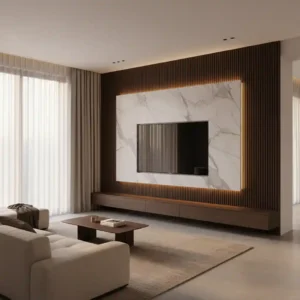 Desain backdrop interior minimalis modern untuk TV di ruang keluarga mewah karya jasa kontraktor interior profesional-jasa interior jakarta splusa.id