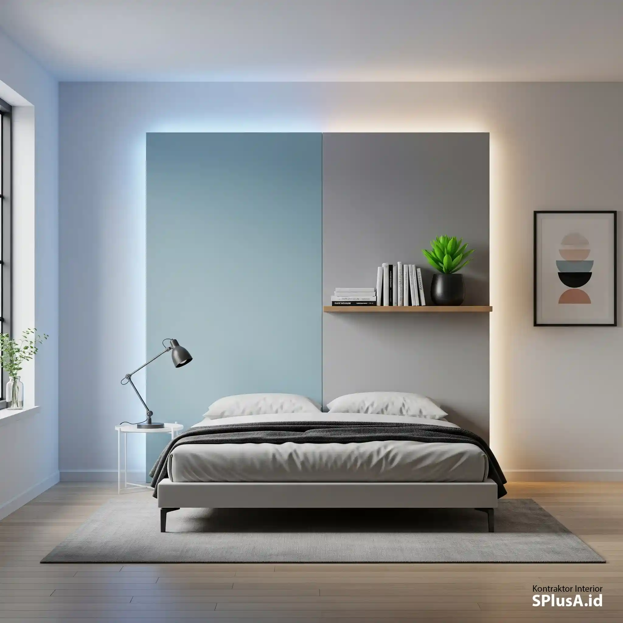 Desain backdrop kamar tidur modern dengan fitur lampu LED terintegrasi dan ambalan dinding fungsional-jasa kontraktor interior splusa.id Desain backdrop kamar tidur modern dengan fitur lampu LED terintegrasi dan ambalan dinding fungsional-jasa kontraktor interior splusa.id
