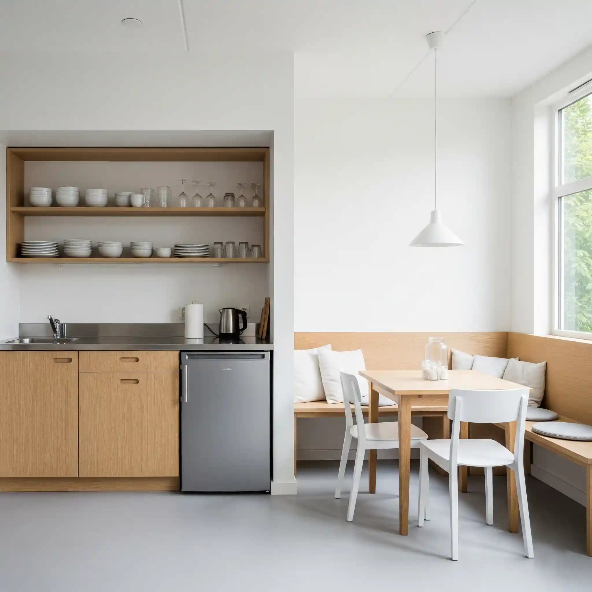 Desain dapur kost bersama yang bersih dan fungsional pada kost minimalis 1 lantai Desain dapur kost bersama yang bersih dan fungsional pada kost minimalis 1 lantai