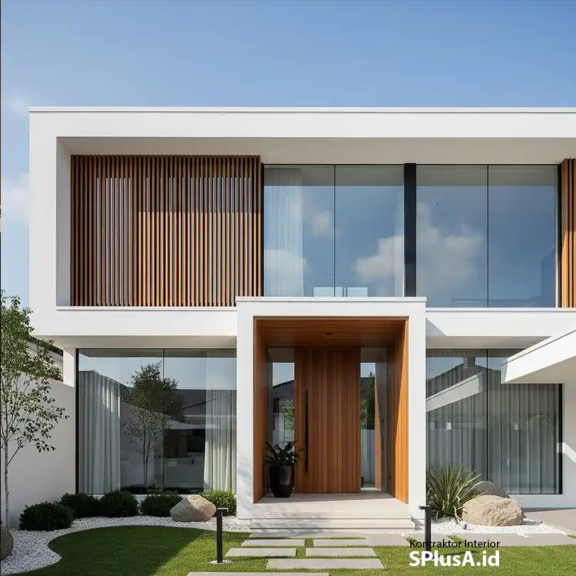 Desain eksterior depan rumah minimalis modern dengan kombinasi cat putih dan panel kayu WPC-jasa interior eksterior jakarta splusa.id Desain eksterior depan rumah minimalis modern dengan kombinasi cat putih dan panel kayu WPC-jasa interior eksterior jakarta splusa.id