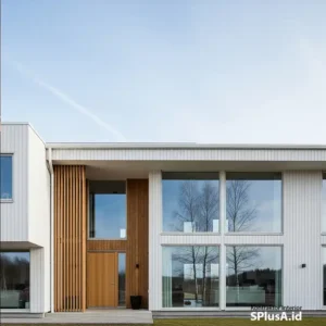 Desain eksterior depan rumah minimalis modern skandinavia dengan kombinasi cat putih dan panel kayu WPC-jasa interior eksterior jakarta splusa.id