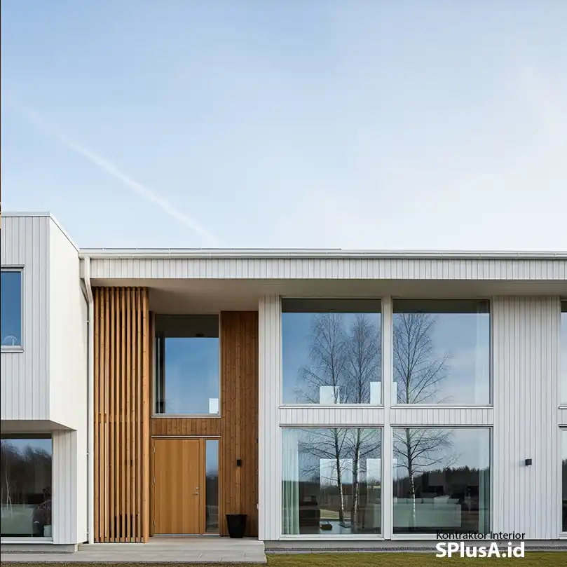 Desain eksterior depan rumah minimalis modern skandinavia dengan kombinasi cat putih dan panel kayu WPC-jasa interior eksterior jakarta splusa.id Desain eksterior depan rumah minimalis modern skandinavia dengan kombinasi cat putih dan panel kayu WPC-jasa interior eksterior jakarta splusa.id