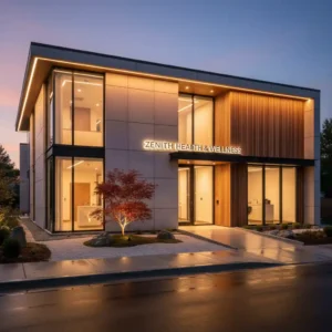 Desain eksterior klinik modern minimalis di waktu senja yang profesional dan terpercaya