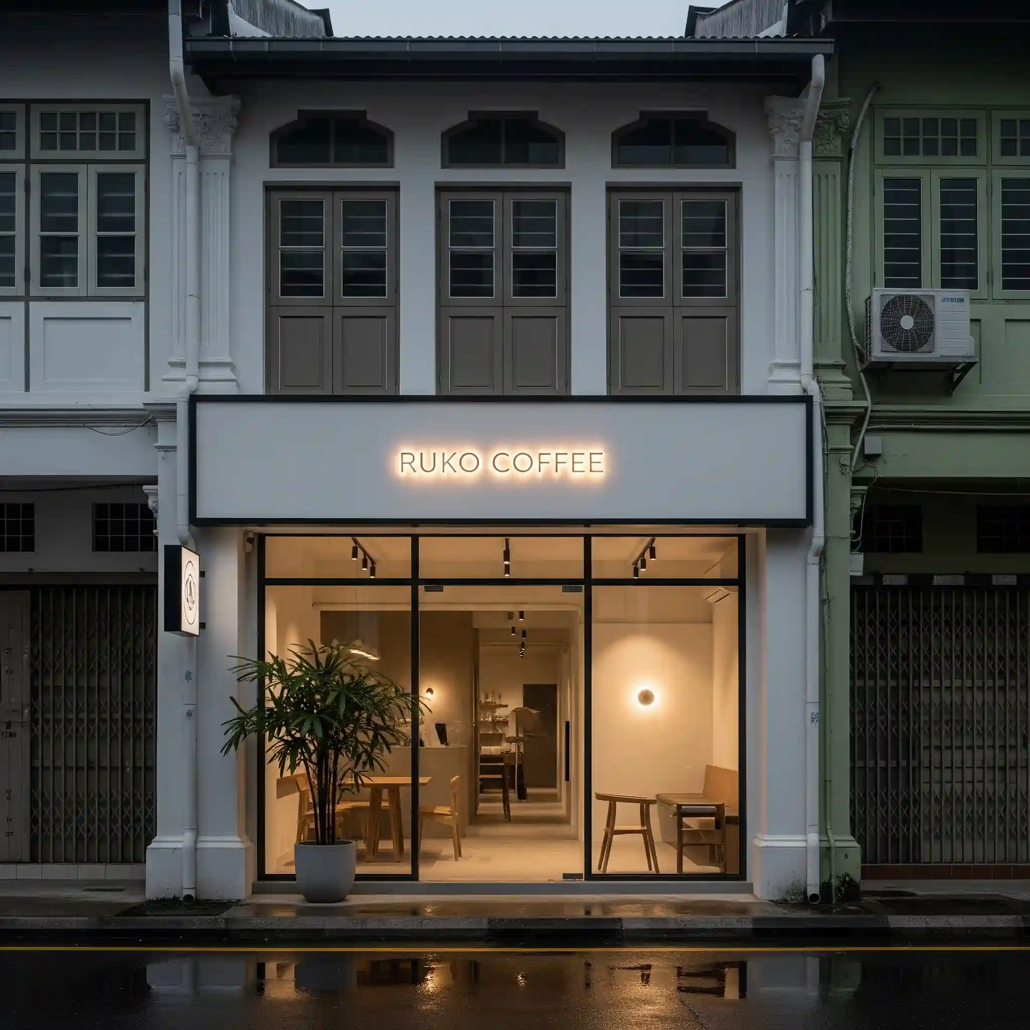 Desain fasad ruko untuk cafe minimalis modern dengan pintu kaca dan signage yang menarik-jasa interior splusa.id