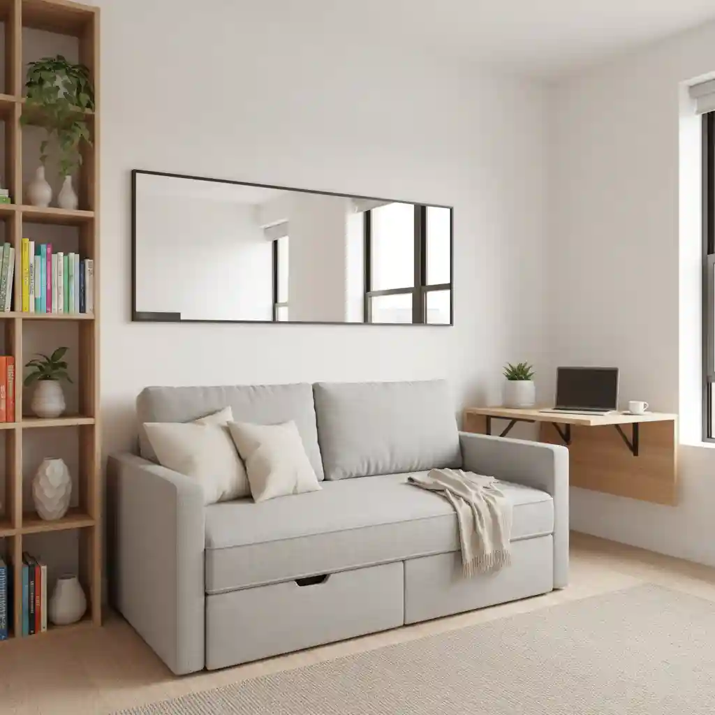 Desain interior apartemen kecil sofa bed, meja lipat, rak terbuka, dan cermin besar agar ruang terasa luas-jasa desain interior apartemen splusa.id Desain interior apartemen kecil sofa bed, meja lipat, rak terbuka, dan cermin besar agar ruang terasa luas-jasa desain interior apartemen splusa.id