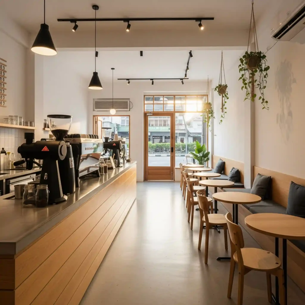 Desain interior cafe minimalis di ruko dengan bar dari semen poles dan kayu, memaksimalkan ruang sempit agar terasa luas dan modern-jasa interior splusa.id