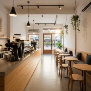 Desain interior cafe minimalis di ruko dengan bar dari semen poles dan kayu, memaksimalkan ruang sempit agar terasa luas dan modern-jasa interior splusa.id