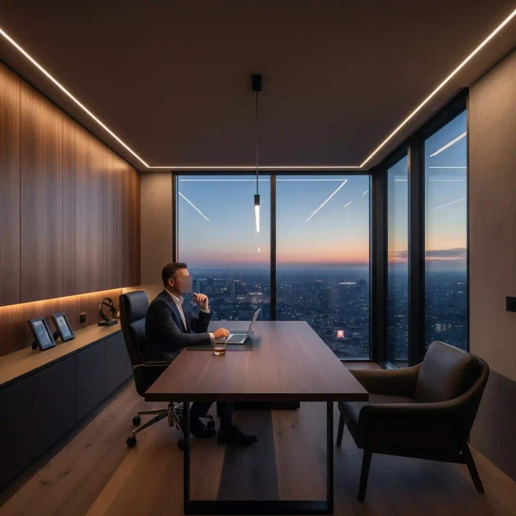 Desain interior ruang direktur modern dan mewah karya SplusA.id dengan pemandangan kota Jakarta di malam hari-interior splusa.id
