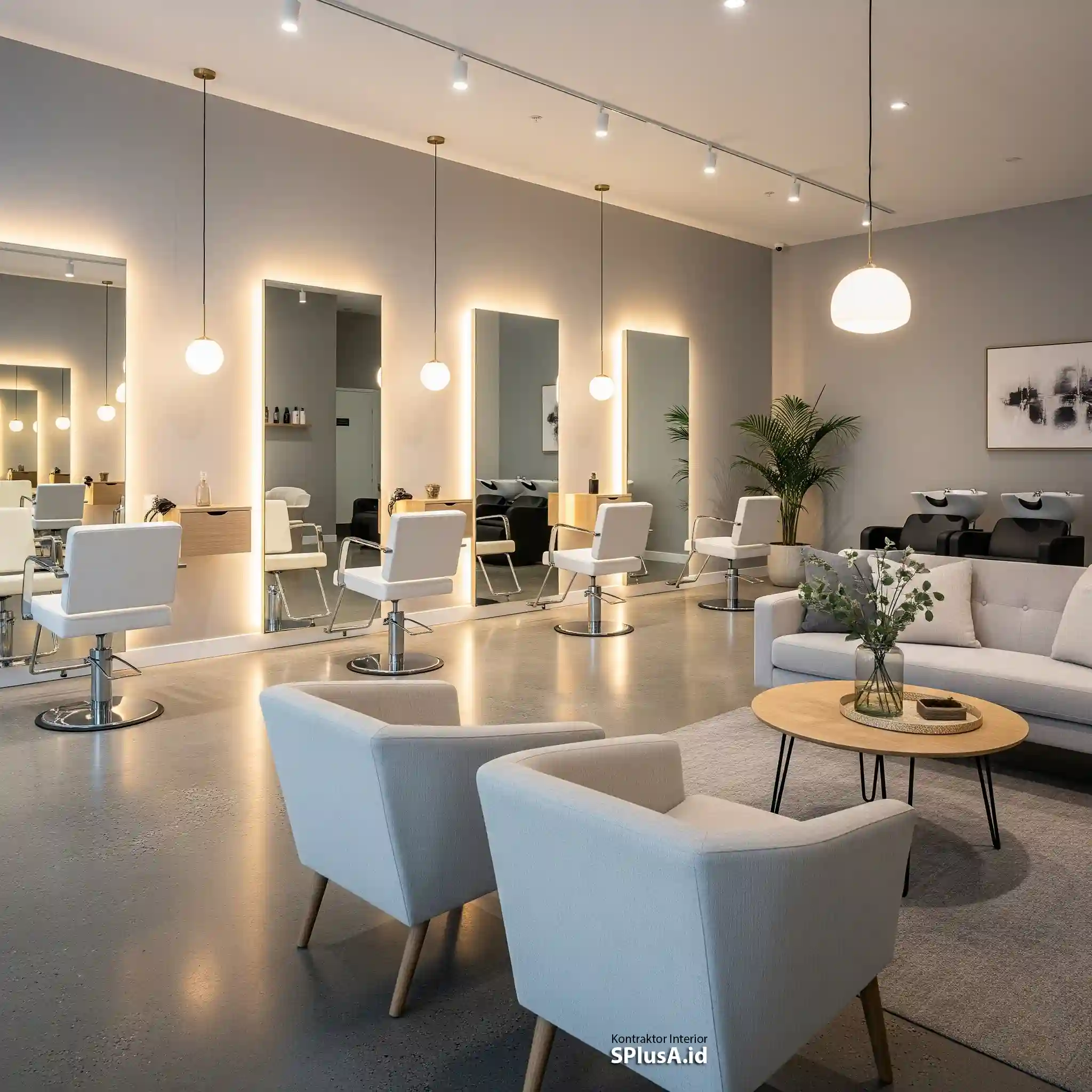Desain interior salon minimalis modern dengan kursi styling putih, cermin besar, dan pencahayaan hangat-jasa interior jakarta solusa.id Desain interior salon minimalis modern dengan kursi styling putih, cermin besar, dan pencahayaan hangat-jasa interior jakarta solusa.id