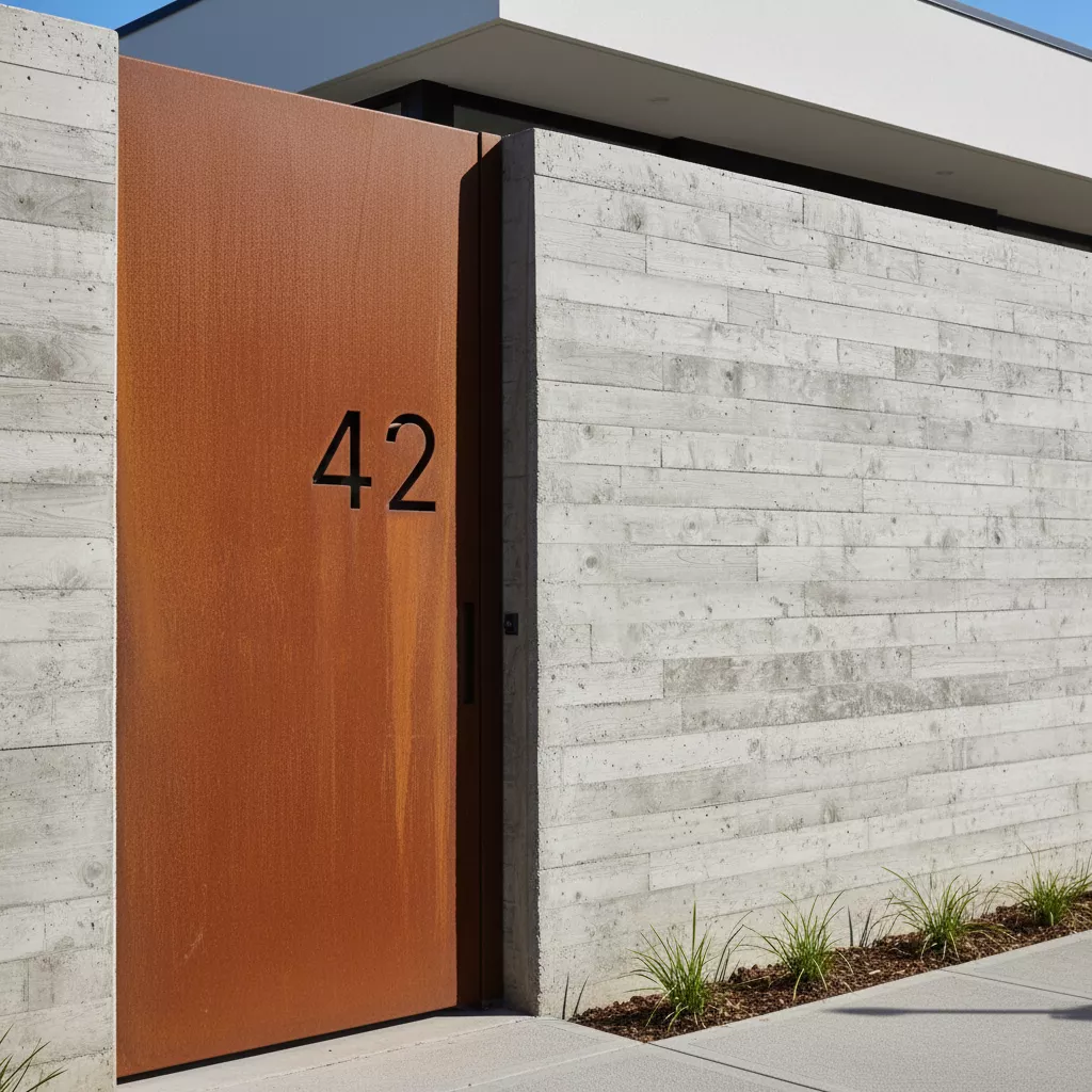 Desain model tembok pagar depan rumah gaya industrial dengan pintu besi corten steel yang unik-jasa interior splusa.id