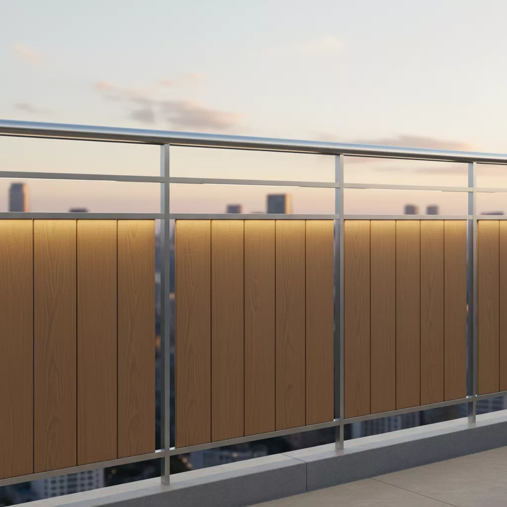 Desain pagar balkon stainless minimalis terbaru dengan sentuhan hangat panel kayu WPC-jasa interior splusa.id
