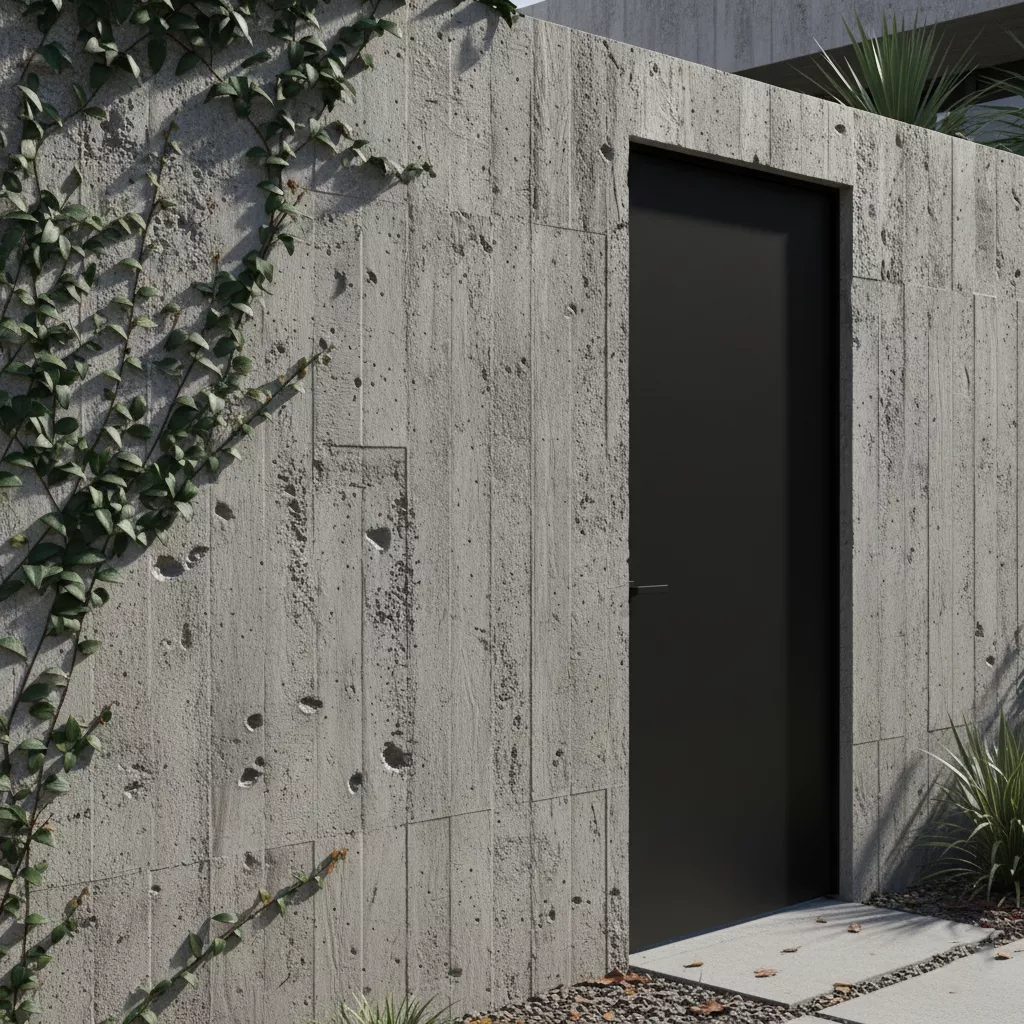 Desain pagar beton rumah mewah gaya brutalis dengan finishing ekspos dan gerbang besi hitam-jasa interior splusa.id