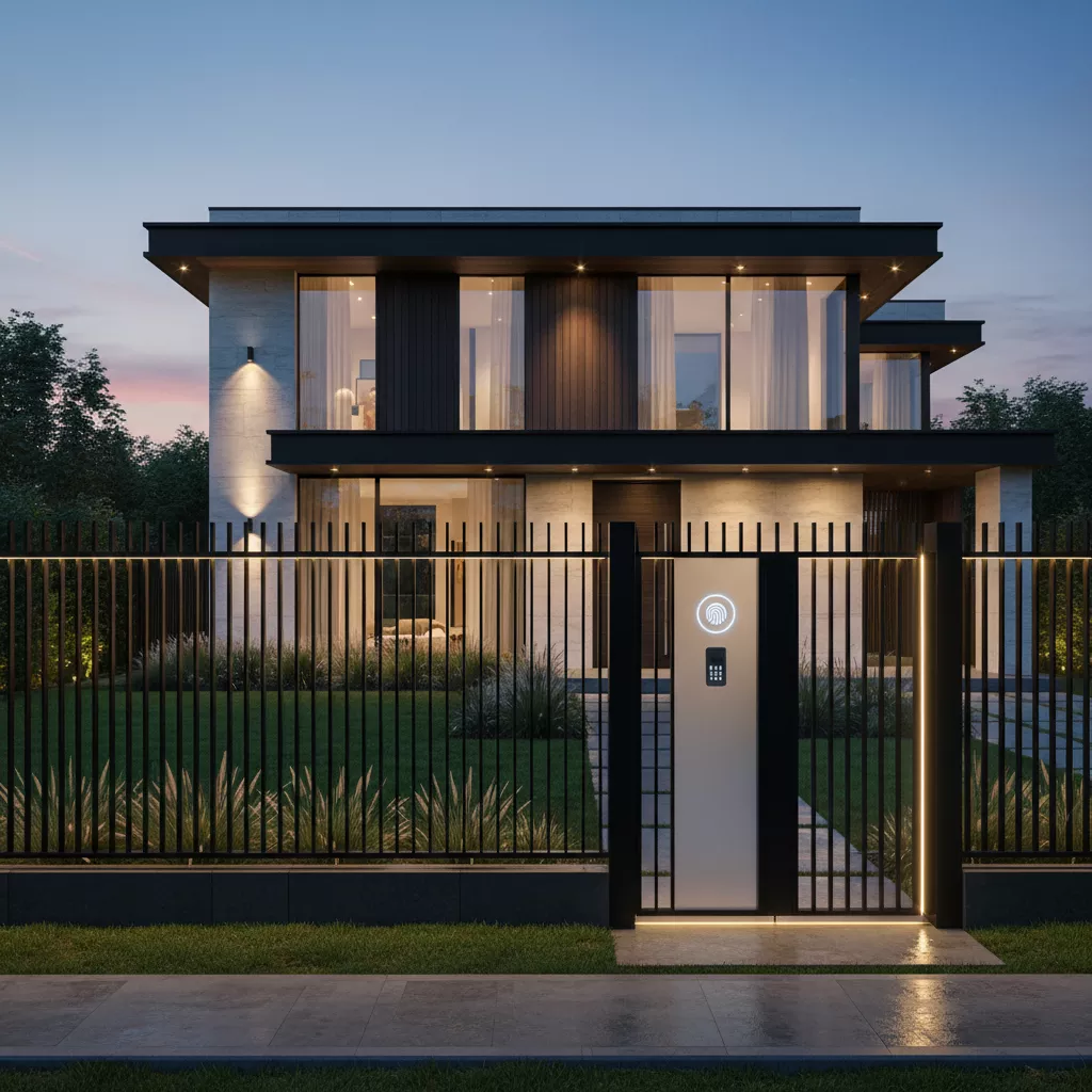 Desain pagar rumah minimalis modern 2025 dengan besi dan fitur Smart Gate dan integrated lighting tersembunyi-jasa interior splusa.id