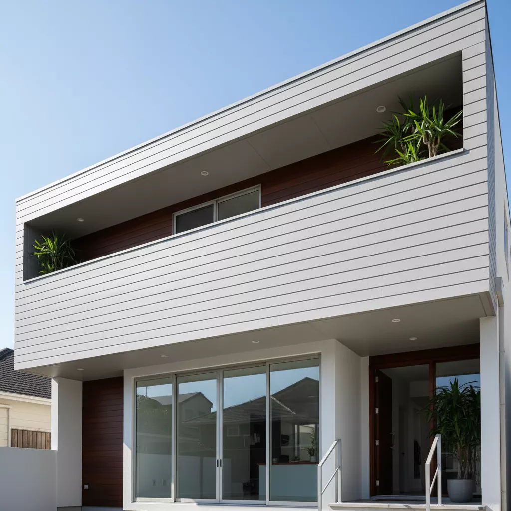 Desain pagar tembok balkon minimalis dengan aksen garis horizontal yang memberikan ilusi lebih luas-jasa desain apartemen ‪‪splusa.id