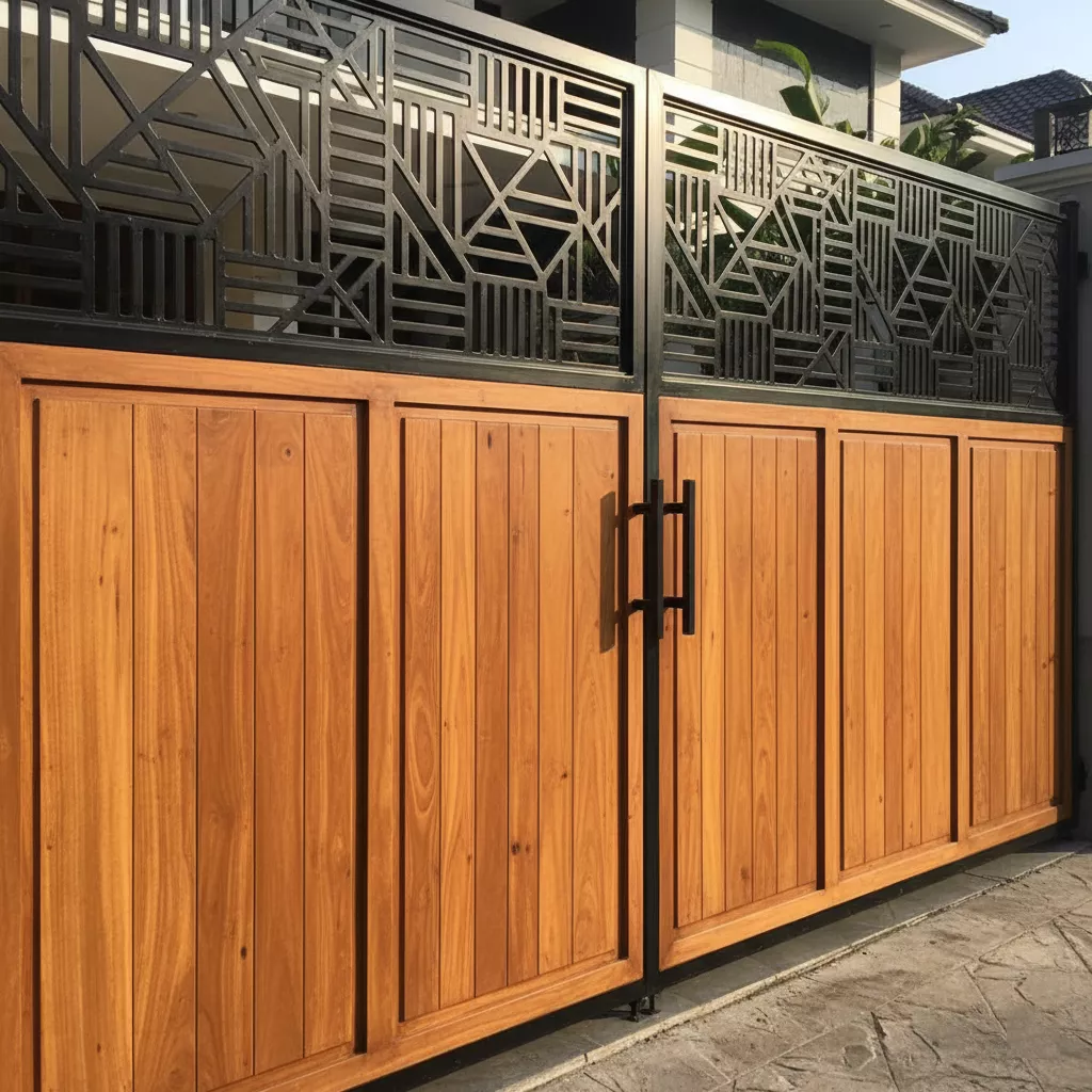 Desain pintu gerbang rumah mewah kombinasi kayu jati solid dan ornamen laser cutting modern-jasa interior splusa.id Desain pintu gerbang rumah mewah kombinasi kayu jati solid dan ornamen laser cutting modern-jasa interior splusa.id