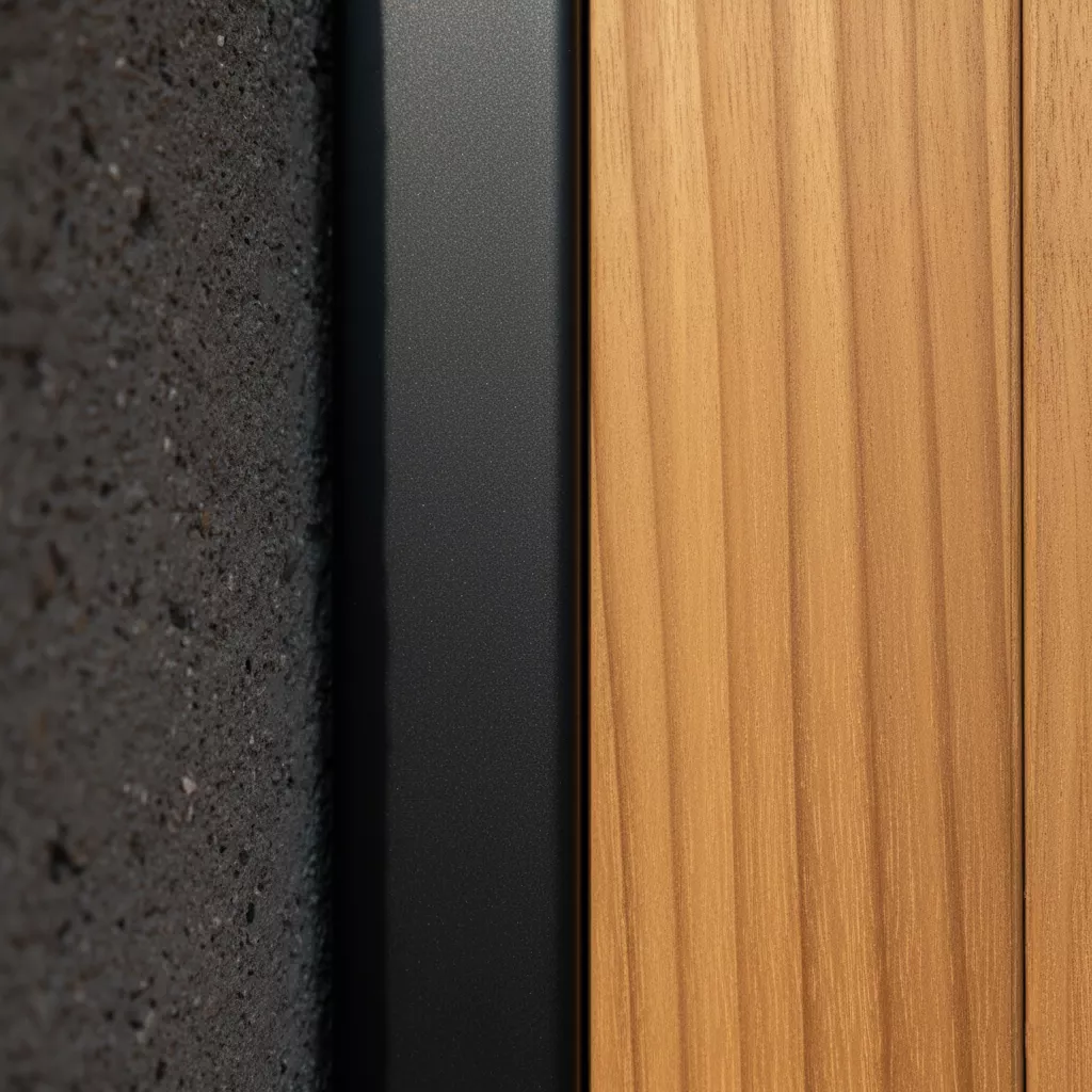 Detail close-up perpaduan tekstur material model pagar besi beton ekspos modern kasar, besi hollow hitam matte, dan panel kayu solid yang hangat-jasa interior splusa.id Detail close-up perpaduan tekstur material model pagar besi beton ekspos modern kasar, besi hollow hitam matte, dan panel kayu solid yang hangat-jasa interior splusa.id