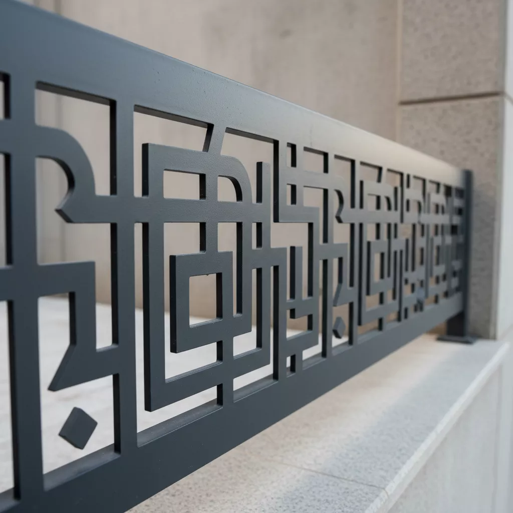 Detail kaligrafi Bismillah pada pagar besi masjid minimalis-jasa interior desain splusa.id