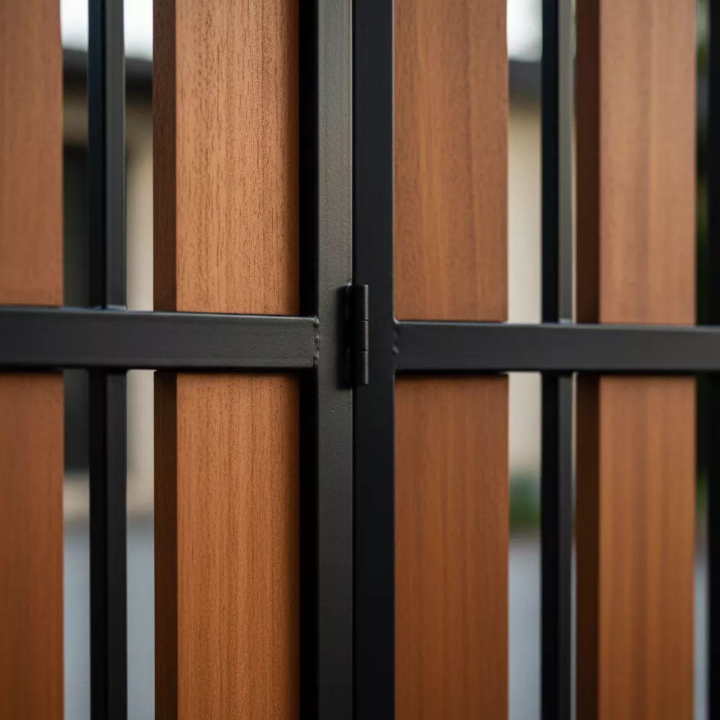 Detail kombinasi besi dan kayu pada pintu pagar besi lipat minimalis-konsultan interior splusa.id