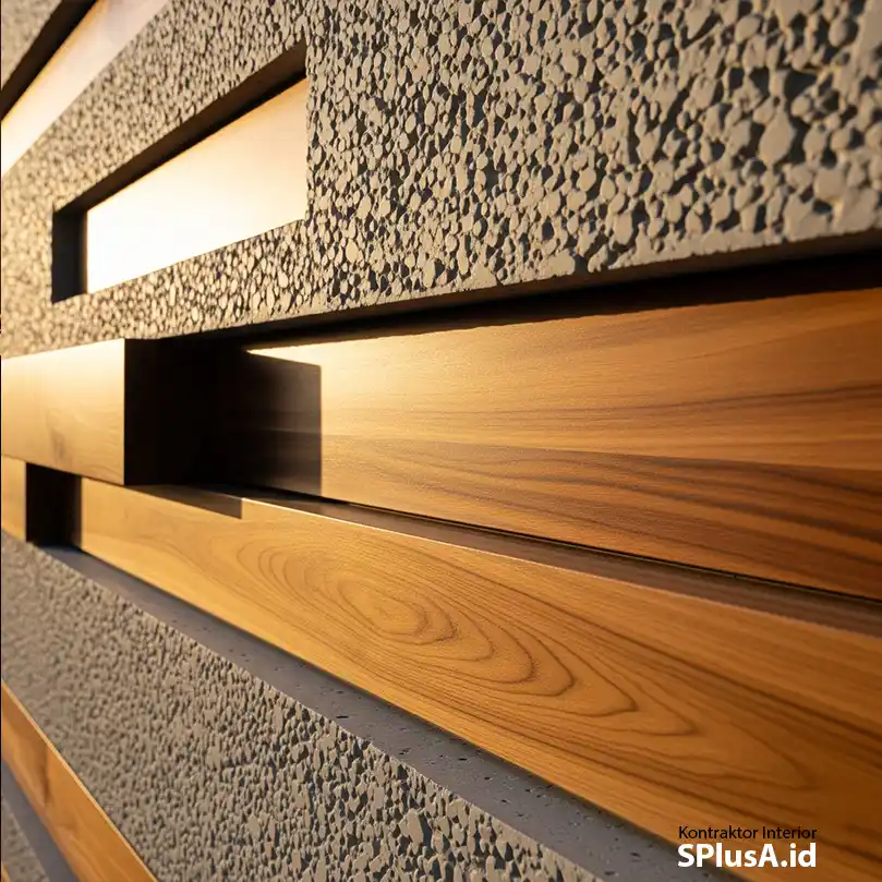 Detail material fasad rumah modern yang mengkombinasikan semen kamprot abu-abu dengan kayu-jasa interior eksterior jakarta splusa.id Detail material fasad rumah modern yang mengkombinasikan semen kamprot abu-abu dengan kayu-jasa interior eksterior jakarta splusa.id