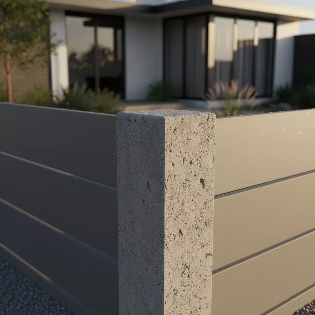 Detail material pintu pagar rumah minimalis modern dari GRC dan beton ekspos-konsultan interior splusa.id
