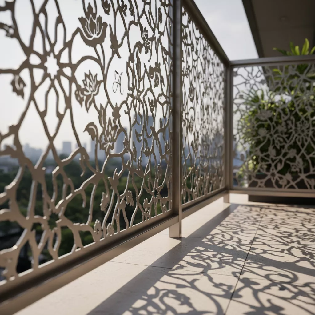 Detail motif laser cutting pada pagar balkon stainless minimalis terbaru untuk desain yang personal-jasa interior splusa.id