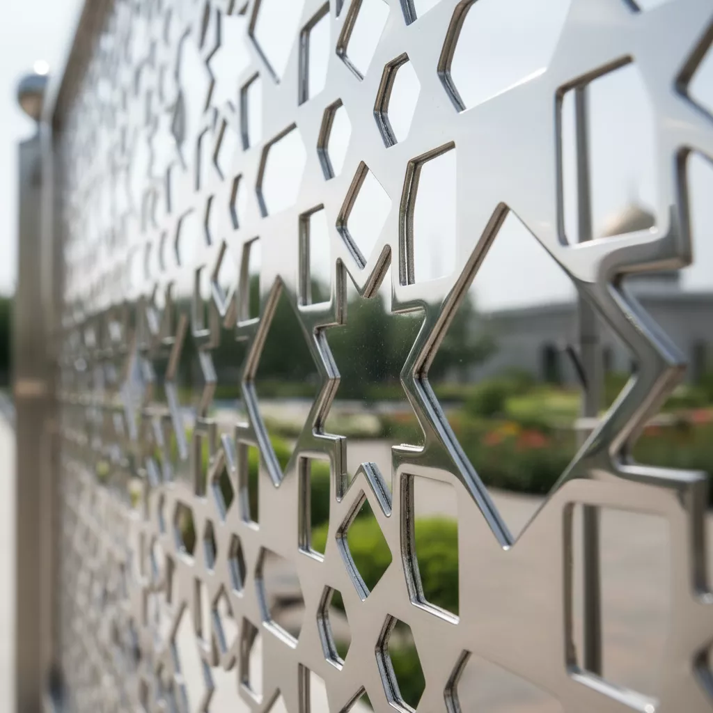 Detail ornamen kaligrafi pada pagar masjid minimalis modern sederhana dari material stainless steel-jasa interior jakarta splusa.id