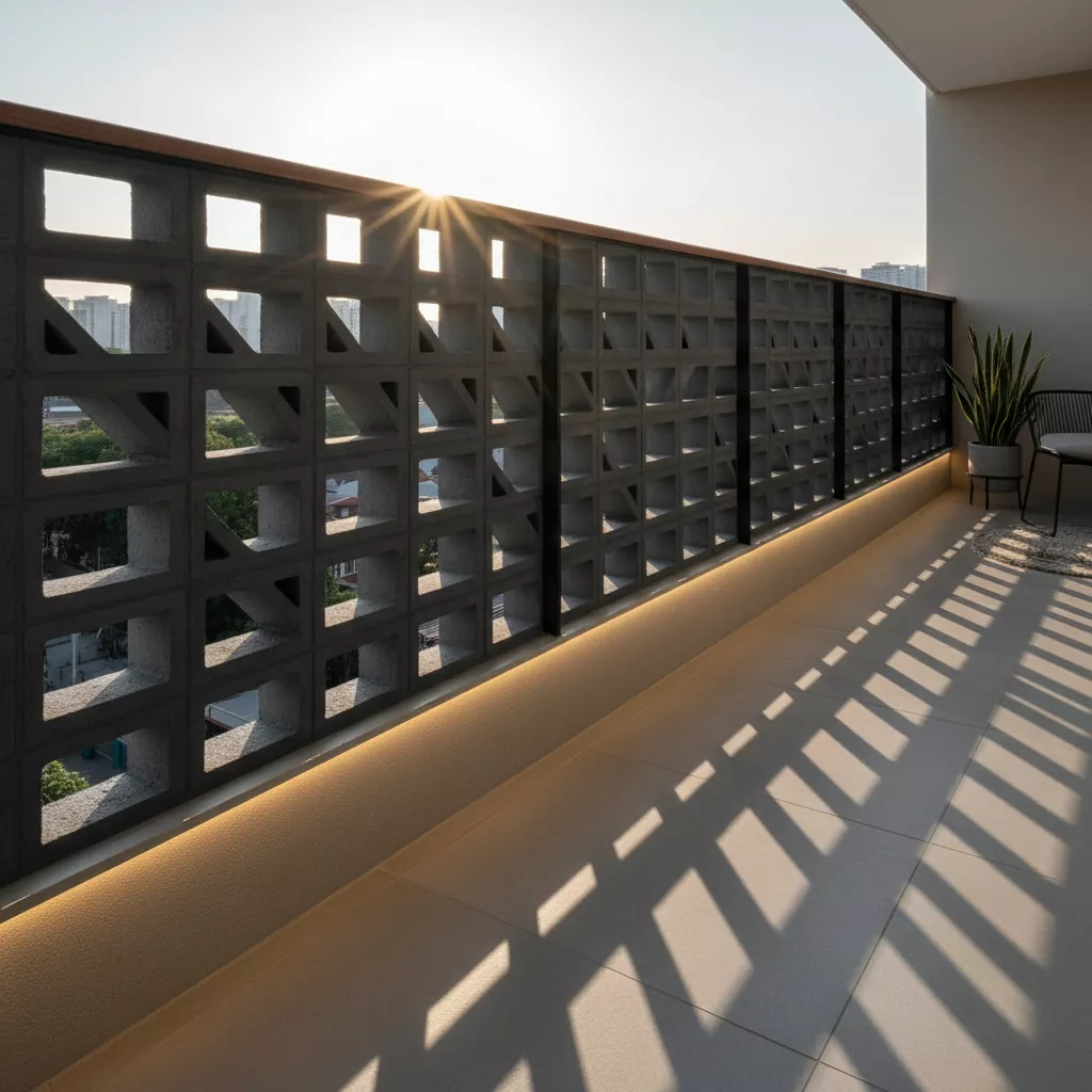 Detail pagar roster untuk balkon minimalis yang menciptakan permainan bayangan estetik dan sirkulasi udara baik-jasa desain apartemen ‪‪splusa.id