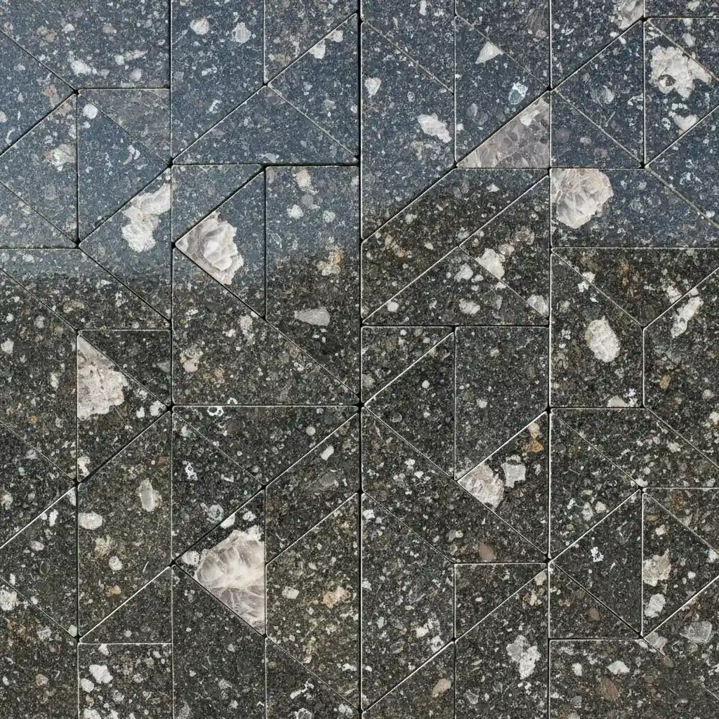Detail pagar tembok mewah dari batu granit premium dengan pola kristal alami-jasa interior splusa.id