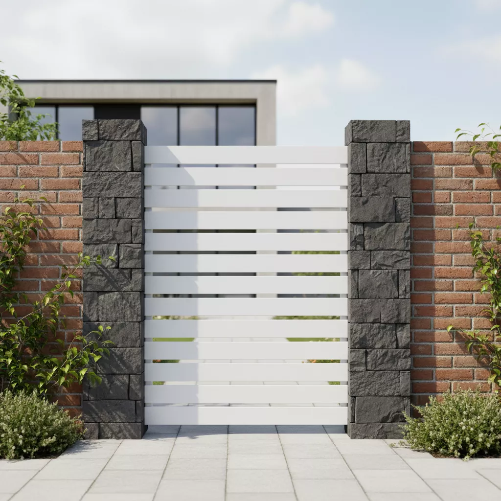 Detail pengerjaan rapi pada model pintu pagar baja ringan minimalis model horizontal warna putih-jasa interior splusa.id