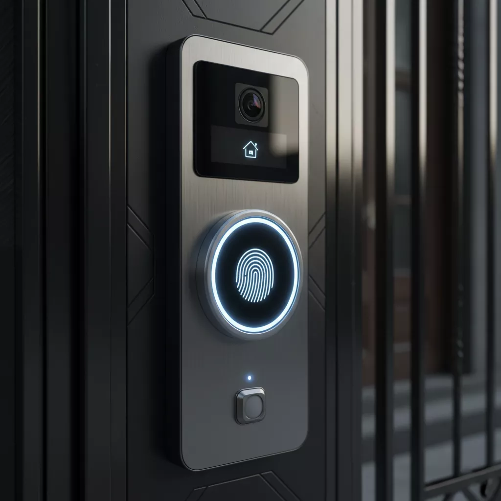 Detail pintu gerbang rumah mewah dengan fitur keamanan terintegrasi seperti pemindai sidik jari dan intercom-jasa interior splusa.id Detail pintu gerbang rumah mewah dengan fitur keamanan terintegrasi seperti pemindai sidik jari dan intercom-jasa interior splusa.id