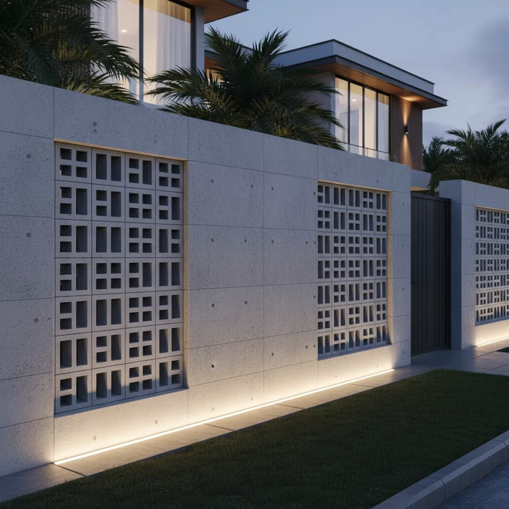 Detail tata cahaya untuk model pagar beton rumah mewah dengan lampu sorot bawah (uplight) yang menciptakan efek dramatis pada tekstur-jasa interior splusa.id Detail tata cahaya untuk model pagar beton rumah mewah dengan lampu sorot bawah (uplight) yang menciptakan efek dramatis pada tekstur-jasa interior splusa.id
