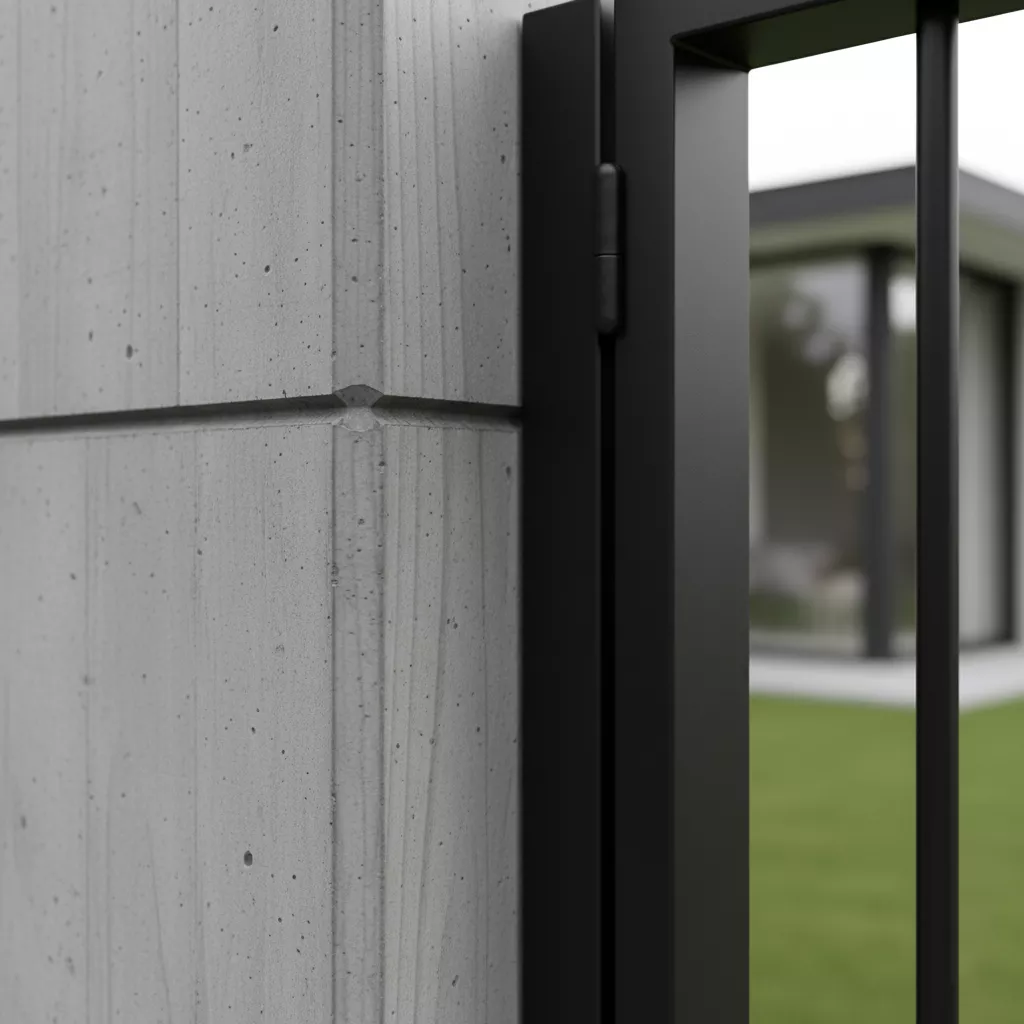 Detail tekstur model pagar beton minimalis terbaru gaya industrial ekspos dengan sentuhan gerbang besi hitam-jasa interior splusa.id Detail tekstur model pagar beton minimalis terbaru gaya industrial ekspos dengan sentuhan gerbang besi hitam-jasa interior splusa.id
