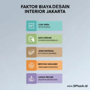 Diagram infografis vertikal menampilkan faktor-faktor yang memengaruhi harga desain interior, seperti luas rumah, gaya desain, material, dan lokasi proyek, dengan ikon sederhana-jasa interior jakarta splusa.id