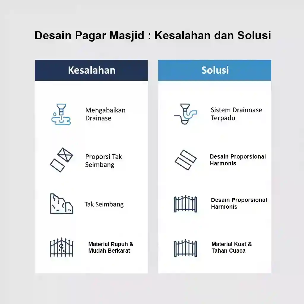 Diagram yang menjelaskan kesalahan umum dalam desain pagar masjid sederhana dan solusi profesional dari SplusA.id-jasa interior splusa.id