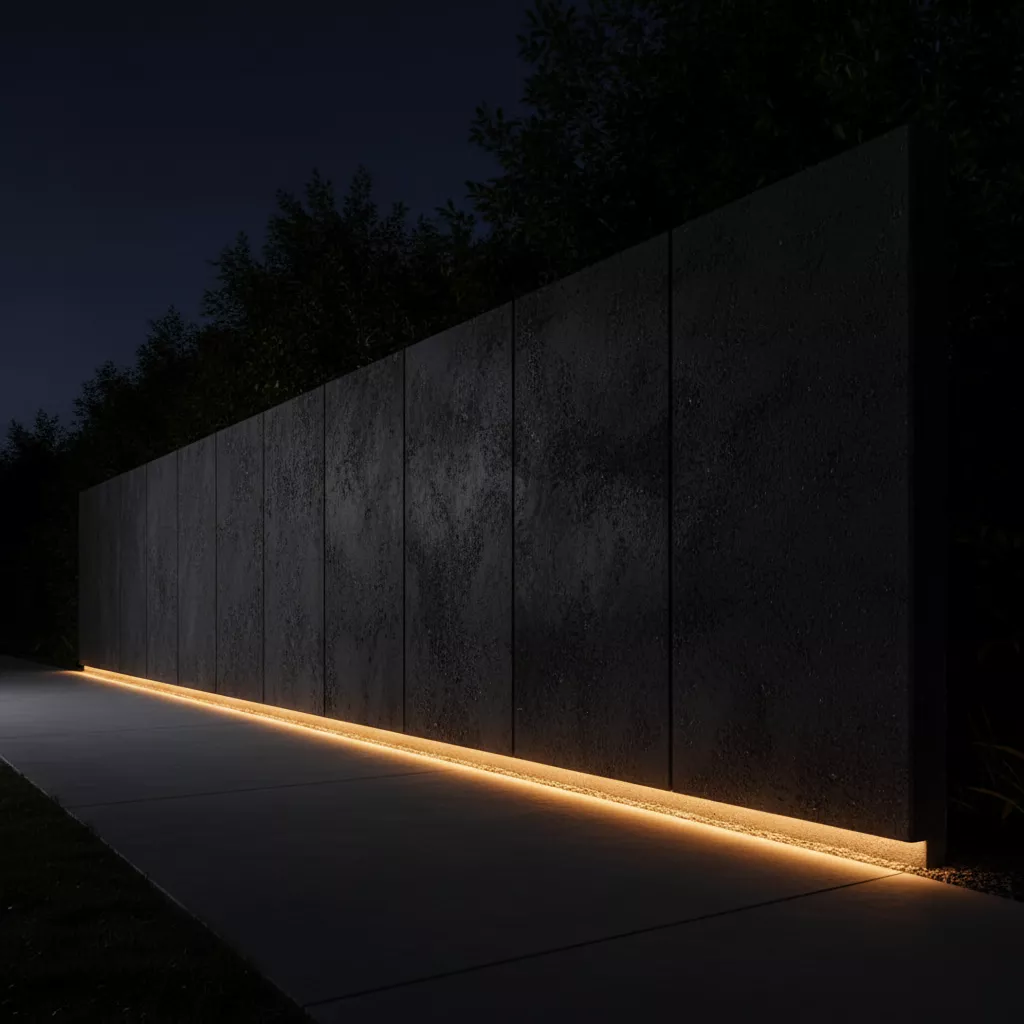 Efek dramatis lampu LED tersembunyi pada model tembok pagar minimalis modern-model tembok pagar minimalis terbaru-Jasa Interior Desain splusa.id