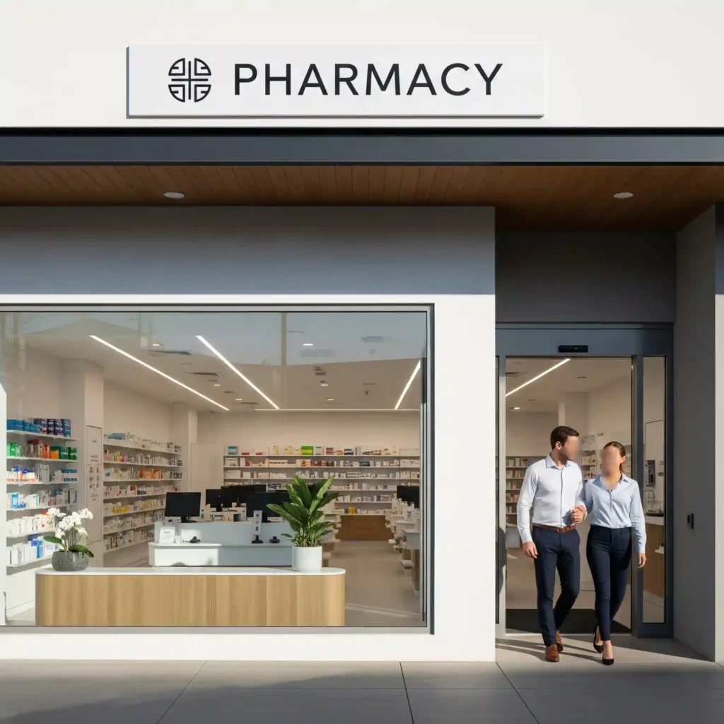 Eksterior apotek minimalis modern yang terang dan rapi dengan jendela kaca besar, mengundang pelanggan untuk masuk-jasa interior splusa.id