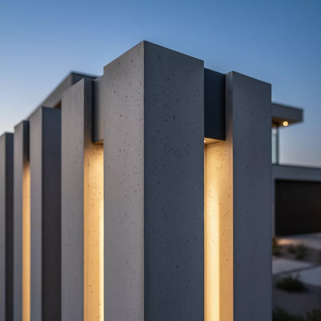 Fokus close-up pada sudut siku-siku dan garis lurus tiang pagar minimalis modern dari beton, menekankan geometri yang kokoh-jasa interior splusa.id Fokus close-up pada sudut siku-siku dan garis lurus tiang pagar minimalis modern dari beton, menekankan geometri yang kokoh-jasa interior splusa.id