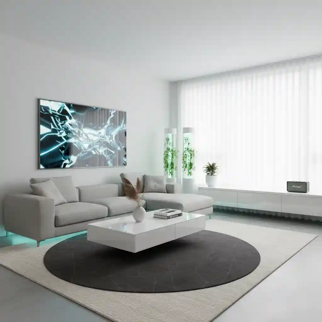 Foto interior ruang tamu minimalis modern dengan sofa abu-abu dan tangga, mewakili investasi dalam biaya desain interior