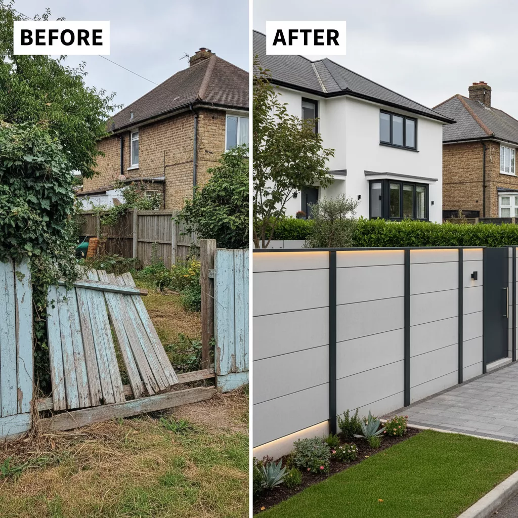 Foto perbandingan sebelum dan sesudah (before-after) penggantian pagar lama menjadi pagar beton minimalis modern sebagai investasi nilai properti-jasa interior splusa.id Foto perbandingan sebelum dan sesudah (before-after) penggantian pagar lama menjadi pagar beton minimalis modern sebagai investasi nilai properti-jasa interior splusa.id
