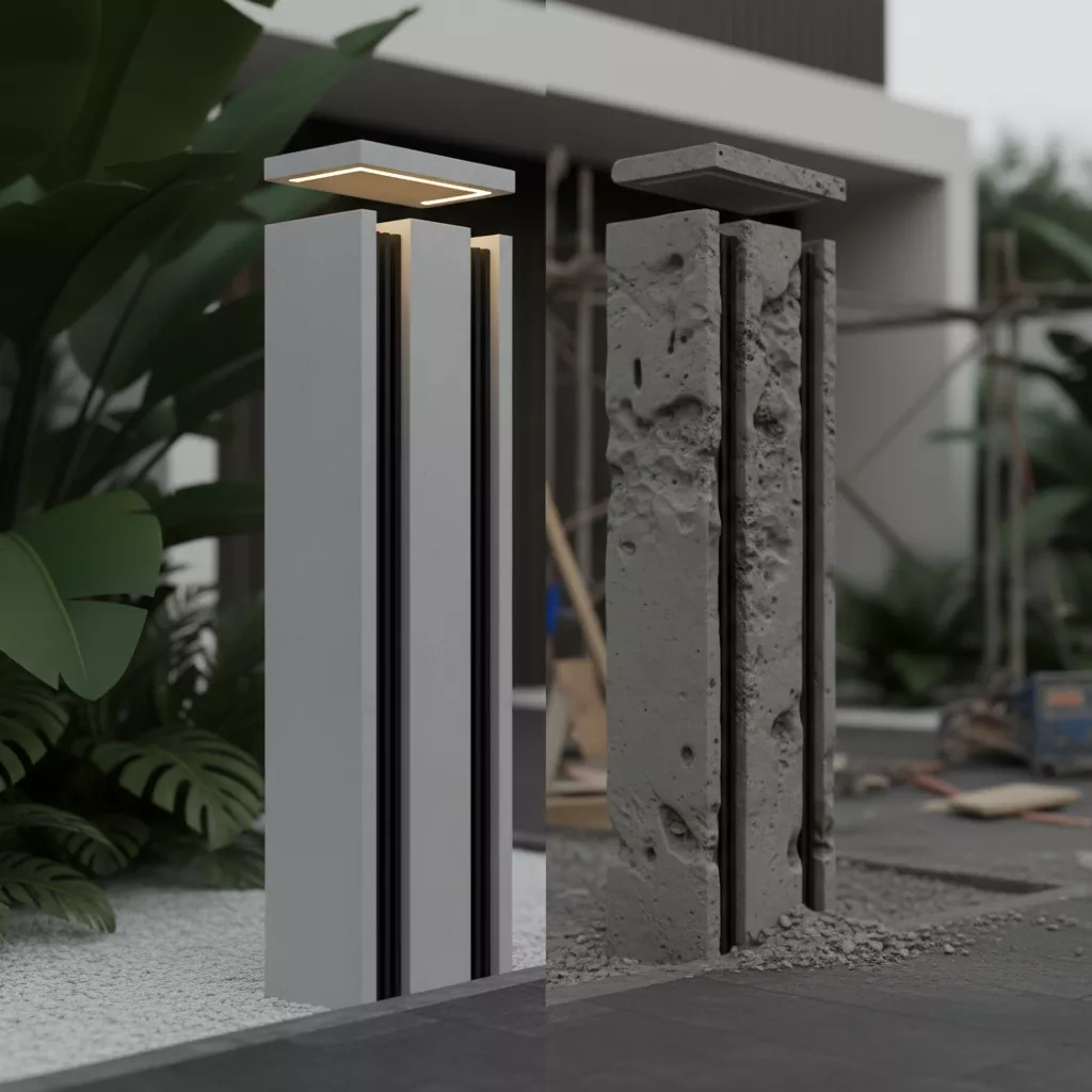 Fotografi split image yang kontras Tiang pagar beton minimalis modern dengan finishing sangat mulus dan sharp. Tiang beton dengan hasil cetakan berantakan-jasa interior splusa.id Fotografi split image yang kontras Tiang pagar beton minimalis modern dengan finishing sangat mulus dan sharp. Tiang beton dengan hasil cetakan berantakan-jasa interior splusa.id