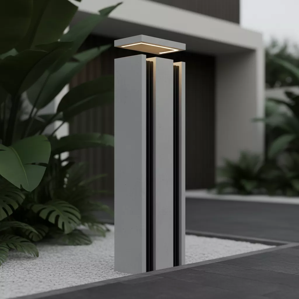 Ilustrasi 3D tiang pagar minimalis modern yang bersih tanpa ornamen berlebihan, menunjukkan filosofi less is more-jasa interior splusa.id Ilustrasi 3D tiang pagar minimalis modern yang bersih tanpa ornamen berlebihan, menunjukkan filosofi less is more-jasa interior splusa.id