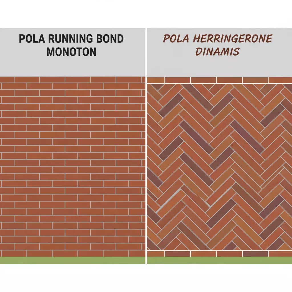 Ilustrasi pagar batu bata sederhana dengan pola susunan running bond yang monoton vs. pola herringbone yang dinamis-jasa interior splusa.id