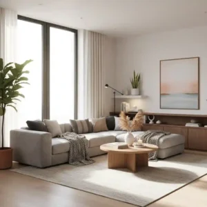 Ilustrasi ruang tamu dengan gaya desain interior minimalis modern, menampilkan sofa abu-abu, lampu gantung hangat, tanaman hijau, dan cahaya alami-jasa desain interior splusa.id