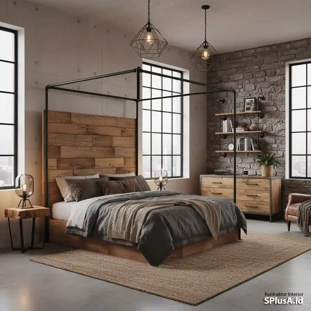 Industrial dan Rustic-kesan maskulin dan kasual, industrial style dengan elemen beton ekspos, besi, dan kayu kasar Atau gaya farmhouserustik dengan dominasi kayu hangat-jasa desain kamar tidur splusa.id Industrial dan Rustic-kesan maskulin dan kasual, industrial style dengan elemen beton ekspos, besi, dan kayu kasar Atau gaya farmhouserustik dengan dominasi kayu hangat-jasa desain kamar tidur splusa.id