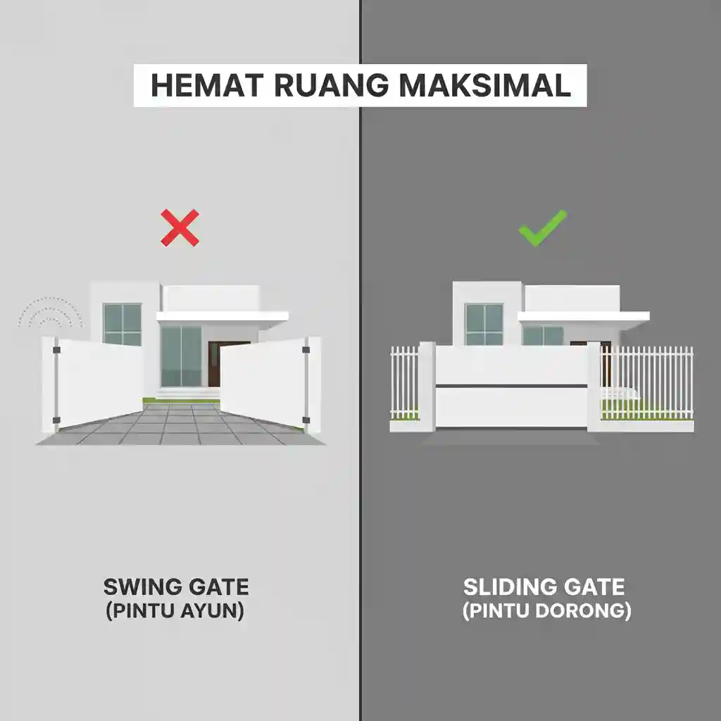 Infografik perbandingan pintu pagar ayun vs pintu pagar dorong minimalis dalam hal efisiensi ruang-splusa.id
